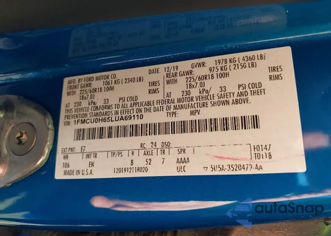 2020 Ford Escape Sel из США, поврежденный, VIN 1FMCU0H65LUA69110